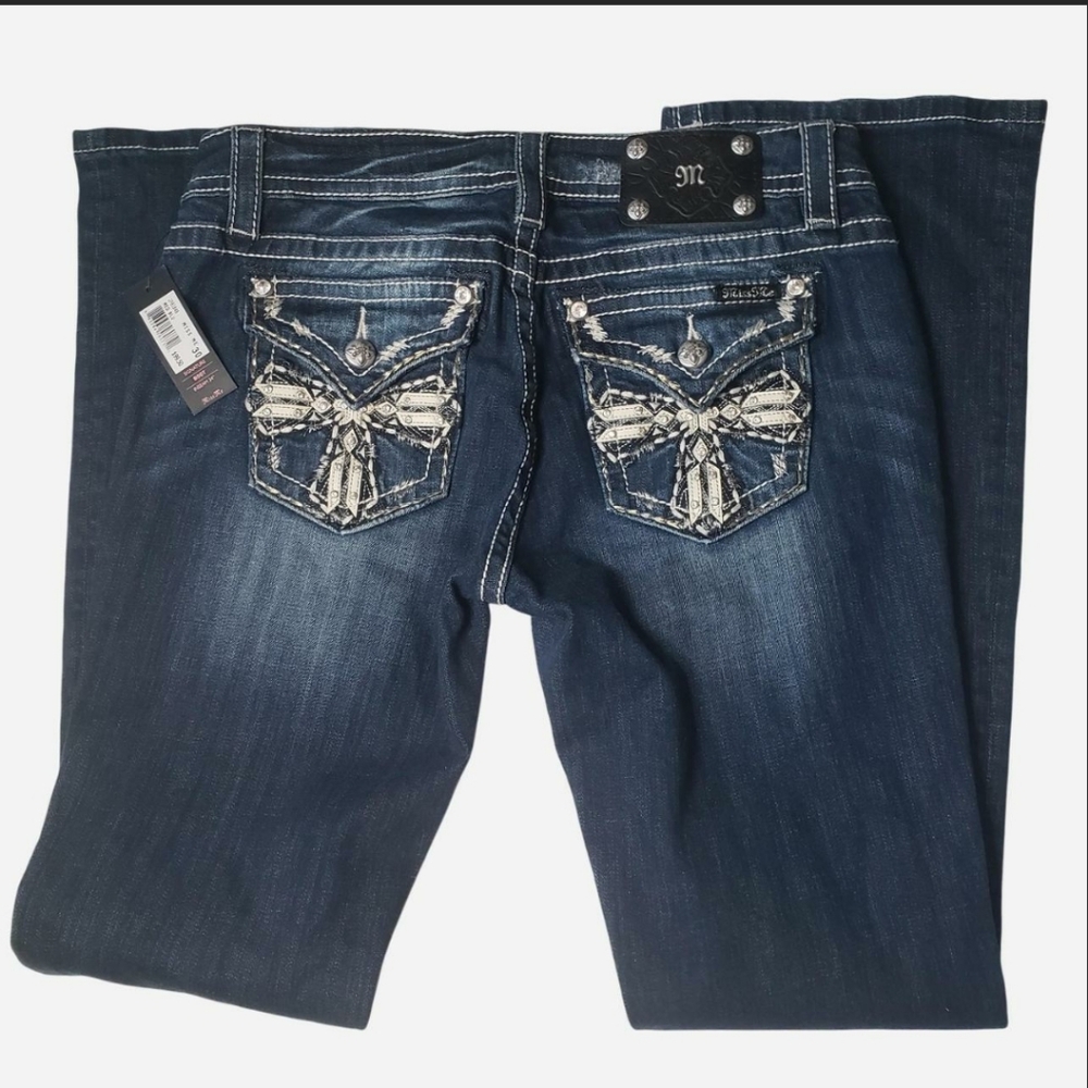 **SOLD 2-17-26**Miss Me Dark Blue Boot Cut Jeans with Silver Embellishments